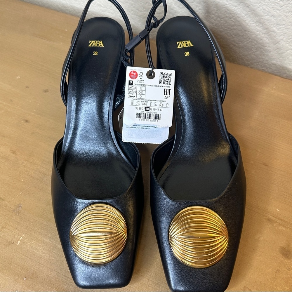 Zara Black Leather Embellished Slingbacks